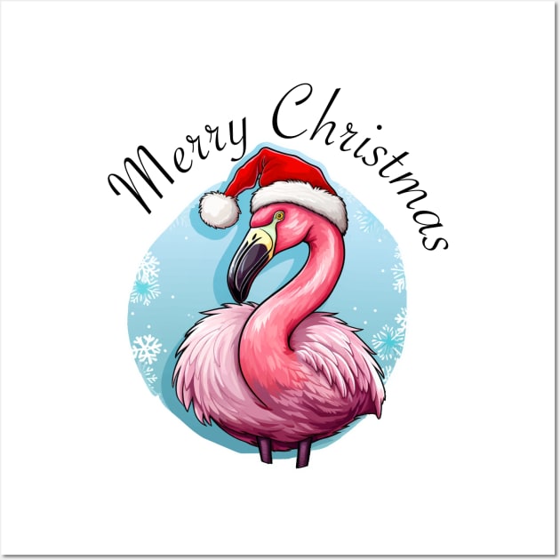 Pink Flamingo Wearing Santa Hat - Merry Christmas (Black Lettering) Wall Art by VelvetRoom